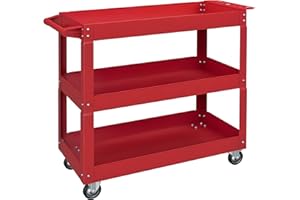 DURHAND Chariot desserte d'atelier Acier 3 Plateaux sur roulettes avec poignée - Charge Max. 150 kg - 83 x 35,3 x 76 cm Rouge