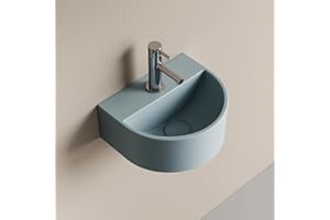 EMKE Półokrągła umywalka 303 x 255 x 120 mm, umywalka wisząca do montażu na ścianie, ceramiczna umywalka do toalety dla gości i łazienki, nowoczesny design, jasnoniebieski matowy jasnoszary