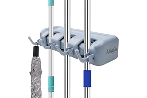 Adhafera Broom and Mop Holder Wall Mounted - Tidy Organizer With 3 Positions and 4 Hooks - Utility Room Storage Solutions for Garage, Garden, Kitchen Tools