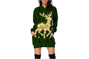 LOMELOMME Damen Weihnachtspullover Lustig Oversize Kapuzenpullover Strickpullover Weihnachten Pullover Kleid Weihnachtsbaum Druck Weihnachtspulli Weihnachtspullover Kurz Mit Led Christmas Hoodie Kleid