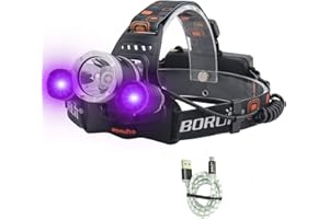BORUiT LED Light Headlamp 5000 Lumens Rechargeable Blacklight Headlight for Night Fishing, Scorpions Hunting, Auto Oil and HVAC Leaks, Detect Fake Money/Jewelry/Pet Urine Stains (UV+White Light)