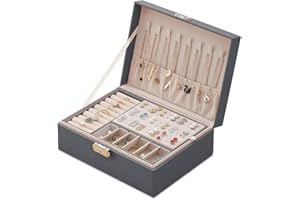 Bcamelys Jewellery Box,Travel Jewellery Case,Jewellery Box Organiser for Women Girls,2 Layers PU Leather Large Jewelry Storage Case Removable Compartment for Necklace Earrings Rings Bracelets, Gray