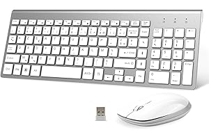 GALENMORO Clavier Souris sans Fil - AZERTY 2.4G Silent Compact Clavier de Souris Pleine Taille Ergonomique pour PC/Ordinateur/Laptop/TV/Windows (Blanc argenté)