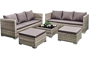 AFURNI 5 Pieces Rattan Garden Furniture, 8 Seater Grey Rattan Corner Sofa Rattan Conversation Set with Coffee Tables and Washable Cushions
