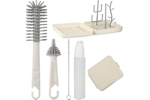 FHISKUNYU Goupillon Biberon Bébé Portable – Ensemble 7-en-1 avec Boîte de Rangement, Brosse Biberon, Brosse à Tétine 3D, Brosse à Paille, Égouttoir, Flacon Distributeur – Kit Complet pour le Nettoyage