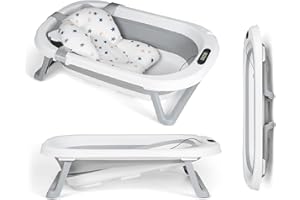MS BabyWorld - Flex - Baignoire pliable pour bébé avec pieds | Baignoire facile à ranger | Bouchon de vidange | Portable pour la maison ou les voyages (Gris avec la température)