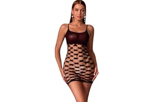 Bommi Fairy Damska bielizna seksowna siateczkowa Bodystocking Fishnet Dessous Stretch Bodysuits jednoczęściowa, przezroczysta sukienka wiązana na szyi
