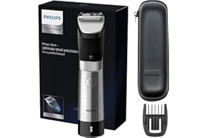 Philips Recortadora de Barba Serie 9000 Hombre, 30 Posiciones de Longitud, Sensor Power Adapt, Resistente al agua, Cuchillas de Acero, Inalambrico, 120 min de autonomia, Funda, BT9810/15, Plateado