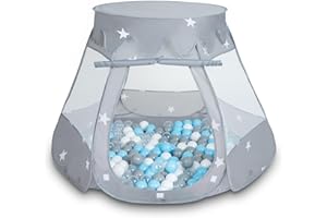 SELONIS Tente 105X90cm/200 Balles Château avec Les Balles Plastiques Piscine À Balles pour Enfants, Gris: Gris-Blanc-Transparent-Babyblue
