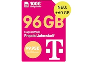Telekom MagentaMobil Prepaid Jahrestarif 156 GB (13GB/Monat) | 5G/LTE Max & Allnet Flat in alle dt. Netze | unverbrauchtes Datenvolumen weiter nutzen | EU Roaming & Hotspot Flat | 100EUR Startguthaben