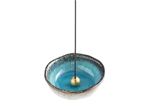 Asayu Japanese Small Mini Incense Holder for Sticks 8.3cm (3.3 inch), Made in Japan Ceramic Ash Catcher & Brass Incense Burner Set for Relaxation, Home Decor (Nature Ocean Blue)
