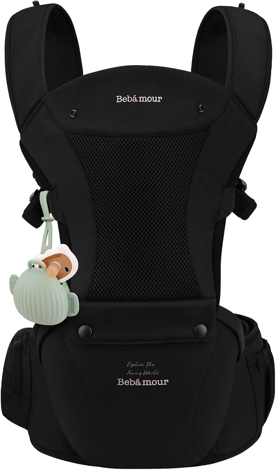 Bebamour Baby Carrier Newborn to Toddler Baby Carrier Hipseat 0-36Months with Head Hood, 3 PCS Teething Pads, Waist Extender, Storage Bag & Pacifier Case (Black)