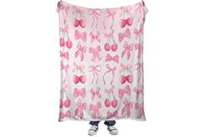 Reateforin Pink Cherry Bow Throw Blanket Back to School Decorations Soft Dorm Room Essentials Gifts for Students Girls Boys Lightweight Coquette Bow Cherry Aesthetic Blanket for Couch Sofa Bed 50"x60"