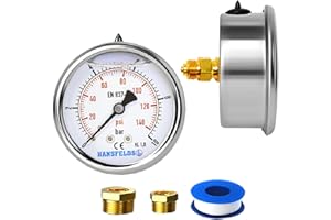 Hansfelds 0-10bar Pressure Gauge Liquid Filled 1/4''BSP Back Mount 63mm Dial Face stainless steel case Brass Connection Dual Scale bar/psi Accuracy1.6,2Pieces Bushing reducer 1/4"to 3/8",1/4"to1/2"