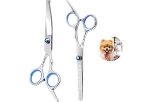 GREACESRIO 2 Piezas Tijeras Peluqueria para Perros, Tijeras para Mascotas, Tijeras Curvas y Tijeras Entresacar, Tijeras de Acero Inoxidable Con Puntas Redondas de Seguridad para Mascotas, para perros, gatos