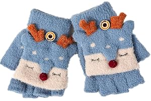 INSZKOOS Unisex Kinder Flip Top Winter Handschuh Süßes Fuchsmuster Halbfinger Handschuhe, Warmer Stretch Vollfinger Handschuhe, Thermo Fäustlinge Handschuhe für 2–8 Jahre Baby Mädchen Jungen Kleinkind