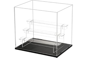 ACRLIE Vitrine en acrylique à 4/5 marches avec base en bois massif/blanc/rose, étagère pour objets de collection, protection contre la poussière (4 étapes, transparent, noir)