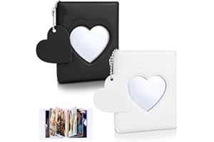 CIOUYAOS 2pcs Kpop Photocard Binder, 3 Inch Mini Kpop Photo card Holder with Heart Keychain, Small Cute Photo Album 64 Pockets For Collecting Picture Lomo Cards Storage (Black+White)