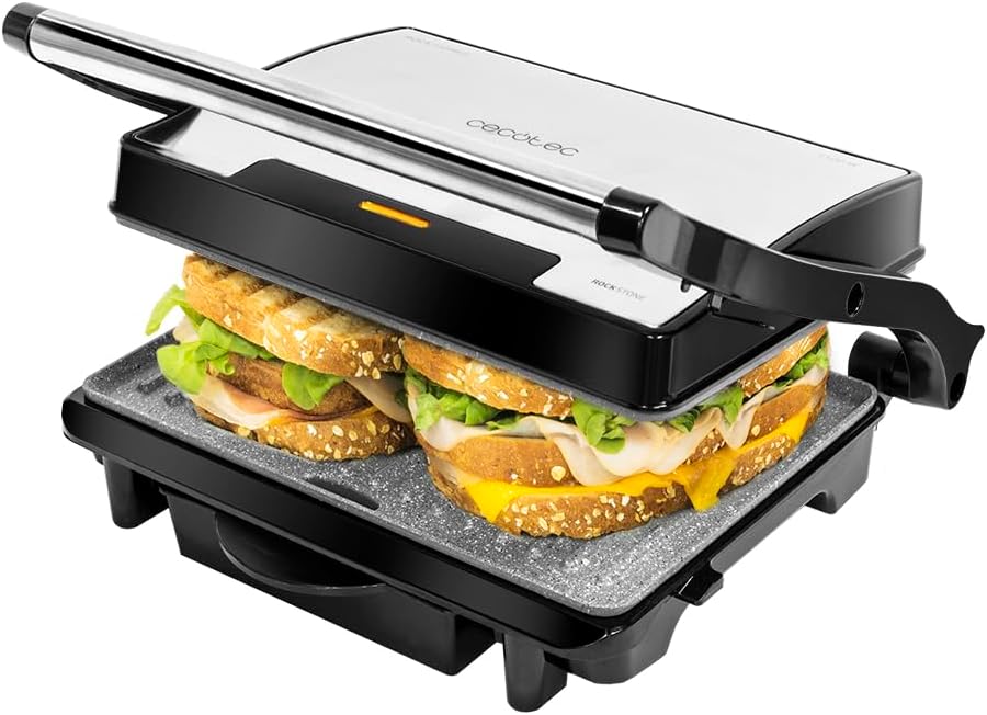Cecotec Parrilla Eléctrica Rock'Ngrill 1500 Rapid, 1500 W, Revestimiento de Piedra Rockstone, Placa Superior Adaptable en Altura, Bandeja Recogegrasas, Revestimiento Ecológico, 12.4X30.8X33.2 Cm