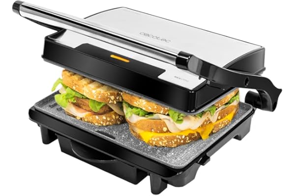 Cecotec Parrilla Eléctrica Rock'Ngrill 1500 Rapid, 1500 W, Revestimiento de Piedra Rockstone, Placa Superior Adaptable en Altura, Bandeja Recogegrasas, Revestimiento Ecológico, 12.4X30.8X33.2 Cm