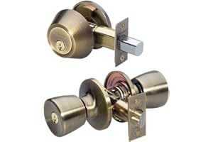 Master Lock Keyed Entry Door Lock, Single Cylinder Deadbolt with Matching Tulip Style Knob, Antique Brass, TUCO0605,Combo