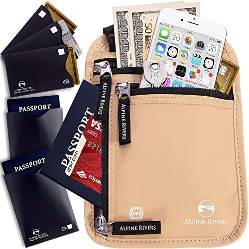 Neck Wallet Passport Holder &amp; Travel Pouch RFID Blocking + 5 Extra Bonus Sleeves