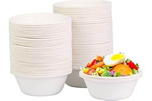 DHAIQC 120 Pièces Bols Jetables 260ml, Nature Saladie, Écologique Bol Jetable, Bol Carton Jetable, Bagasse Bol Soupe Compostable Vaisselle Jetable Canne à Sucre (120 pièces-260 ml)