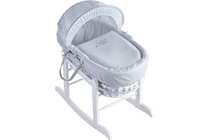 ELEGANT BABY Kinder Valley Embroidered Sleepy Owl White Wicker Moses Basket with Deluxe White Rocking Stand, Adjustable Hood and Padded Liner
