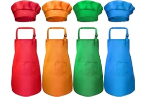 MSYU Kids Apron and Chef Hat Set, 4 Pieces Boys Girls Kids Apron with 2 Pockets Adjustable for Cooking Classroom Baking Painting, 4-8 Years