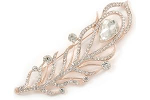 AVALAYA Large Clear Crystal, CZ Peacock Feather Brooch In Rose Gold Metal - 10cm