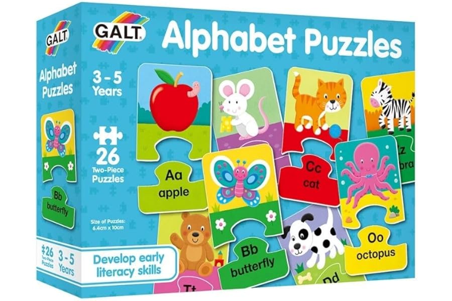 Galt Alphabet Puzzles - Fun and Colourful Early Learning 2 Pc Jigsaw Puzzles - Set of 26 Two Piece Puzzles for Kids - Develop Letter Recognition and Matching Skills - Children Ages 3 to 5 Years Old