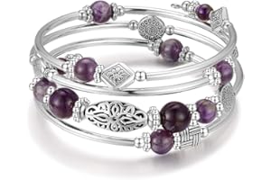 BULINLIN Beaded Silver Bangle Wrap Bracelet for Her, Layered Bohemian Bracelets with Natural Stone, Jewellery Gifts for Women Ladies