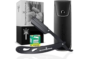 Schwertkrone Rasoir Droit de Barbier + 100 Lames de Rasoir Demi Derby + Étui Rasoir Set Hommes (Noir) Rasoir Homme Manuel