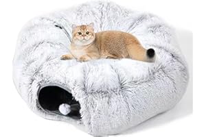 TUAHOO 33.5" Cat Tunnel Bed with Washable Cushion Mat for Indoor Cats, Peekaboo Cat Cave, Donut Cat Play Tunnel, Soft Fluffy Pet Bed for Cats, Small Dogs, Kitten, Puppy, Rabbit, Ferret