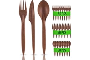 RAGO® Reusable Cutlery Set, 150 Pieces, Environmentally Friendly, Made of WPC, Alternative to Plastic Cutlery, 50 Forks, 50 Knives, 50 Spoons, Robust, Reusable, Perfect for Events, Dark Brown
