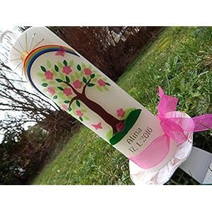 Taufkerze Lebensbaum braun grün rosa mit Regenbogen Taufkerzen für Mädchen 250/70 mm inkl. Beschriftung