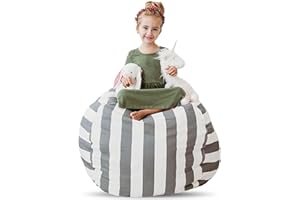 Creative QT Stuffed Animal Storage Bean Bag Chair - Stuff 'n Sit Organization for Kids Toy Storage - Large Size (33", Grey/White Striped)