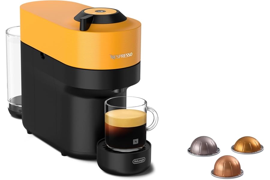 De'Longhi Nespresso Vertuo Pop ENV90.Y Capsule Coffee Machine with Centrifusion Technology, 4 Sizes in Cup, Including Welcome Set with 12 Capsules, 1260W, Mango Yellow