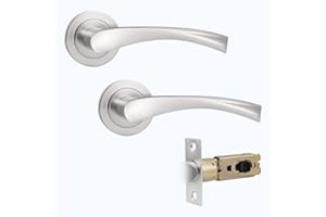 Probrico Satin Nickel Round Rose Door Handles,Twisted Lever Internal Door Handles Set with Ajustbale Latch(45mm/57mm),Passage Handles Ideal for Interal Doors,3 Pack