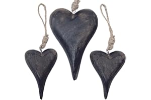 ‎MARZOON 3er Set Herz Anhänger aus Mango Holz dunkel gebeizt, 1x Herz 15x10 cm und 2X Herzen 10x7 cm, Massive Holzherzen zum Hängen