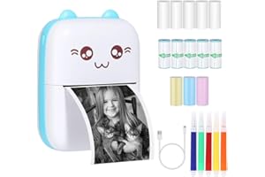 Fivtsme Handy Fotodrucker, Mini Drucker, Wireless BT Thermodrucker, Quittungspapierdrucker mit USB-Kabel 14 Rollen Thermopapier Unterstützung für Android iOS Smartphone Windows