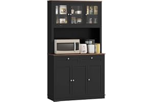 HOMCOM Alacena de Cocina, Mueble Auxiliar de Cocina, con 3 Puertas de Vidrio, Encimera Abierta para Microondas, 2 Cajones y Estantes Ajustables, 100x40x180 cm, Negro