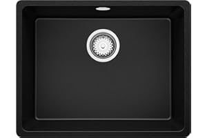 PRIMAGRAN Fregadero bajo Encimera Negro 56x44cm, Cocina 1 Seno + Sifón, Granito al mueble 60cm - Venecia Easy S037