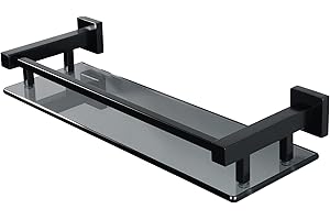 SAYAYO Bathroom Shelf Tempered Black Glass Shelf with Square Rail Wall Mounted 16 inches, Stainless Steel Matte Black Finished, EGC2000-40-B