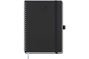 BEZEND Agenda 2025 Semainier Spirale A5 - Planner Hebdomadaire 2025 Vertical avec Couverture Souple en Cuir PU, Onglet Mensuel, Porte-stylo autocollant, 100 GSM Papier, Noir