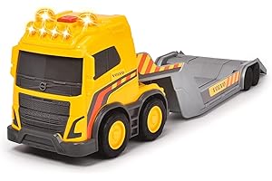 Dickie Toys 203725008 VOLVO Truck Team Duża zabawkowa ciężarówka laweta z przyczepą i ładowarką, oba pojazdy z efektami świetlnymi i dźwiękowymi, wolnobiegiem, zabawa w piaskownicy dla dzieci od 3 lat