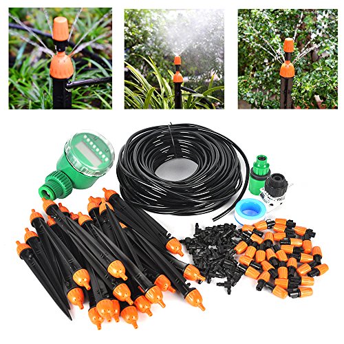 25m DIY Automatik Micro Drip Bewässerung Kit mit automatischen Timer,Pathonor 82 FT Bewässerung Tubing,30 Dropper & Fixed Stem, 29 Tea Joints,Garten Gewächshaus Bewässerung Spray Self Watering Kits für Garten Landschaft Flower Bed Terrasse Pflanzen
