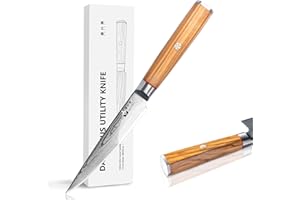 FUJUNI Couteau Universel en Acier Damas 67 Couche VG10 Acier 12,5cm Multifonctions Couteau Cuisine Damas avec Manche en Bois d'Olivier, Boîte Cadeau