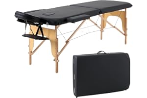 Panana 2 Sections Portable Massage Bed Wooden Legs Adjustable Height Folding Tattoo Table (Black)