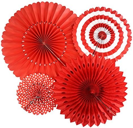 Kenmu Hanging Paper Fans, Party Decoration Supplies, Assorted Set of 4 Circular Red Paper Flowers, Hanging Holiday Decoration, Easter, Pre-Folded, Ceremonies,Easy Assembly, Birthday (red)